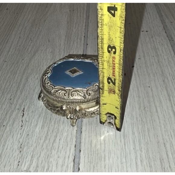 Antique Mini Trinket Jewelry Box Beautiful Deep Blue Silver Tone Oval Lined - Picture 7 of 7